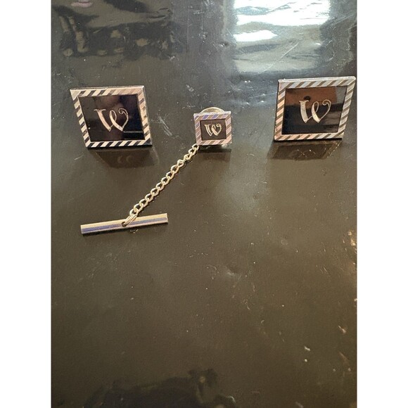 Swank Signed Silver Tone Black Enamel Letter W Cufflinks & Tie Tack A-47 - Picture 2 of 6